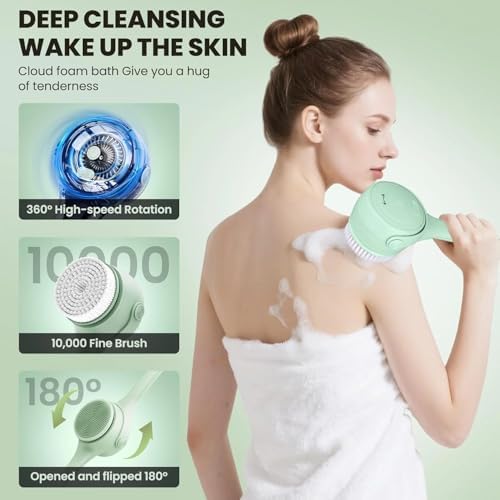 Rechargeable Electric Body & Back Scrubber Brush – Waterproof Spinning Bath Brush with Dual Long Handles & 5 Replaceable Heads for Deep Cleansing, Exfoliating & Massage