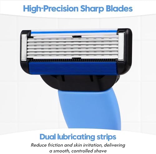 6-Blade Men's Razor with Dual Lubrication, Shaving Kit for Men, 10 Piece Set, 1 Handle & 9 Refill Cartridges, Smooth Comfortable Shave (Blue)