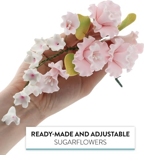 Sugar Blossom Cake Spray – Gumpaste Flowers for Cake Decorating – Soft Pink Cherry Blossoms with Green Leaves – 1 Count by Chef Alan Tetreault
