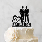 Same Sex Custom Double Heart Rustic Wedding Cake Topper Gay Couple Silhouette Engagement Cake Toppers Two Men In Suits Personalized Cake Topper Homosexual Gay Wedding Decor LGBT Black Acrylic Toppers
