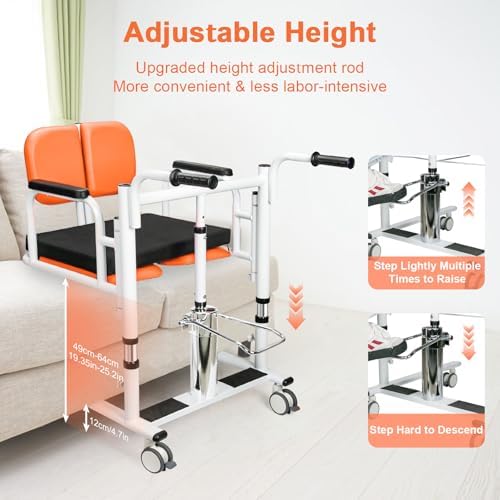 Patient Lift Transfer Chair for Home, 440lbs Capacity, 4 in 1 Patient Lift Transfer Chair with 180° Split Seat, Upgraded Rod for Height Adjustable, for Elderly Transfer to Bed/Toilet (Orange)
