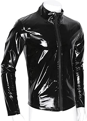 AIEOE Men’s Leather Metallic Shirts Shiny Slim Fit Stretch Top Wetlook Club Party Undershirts