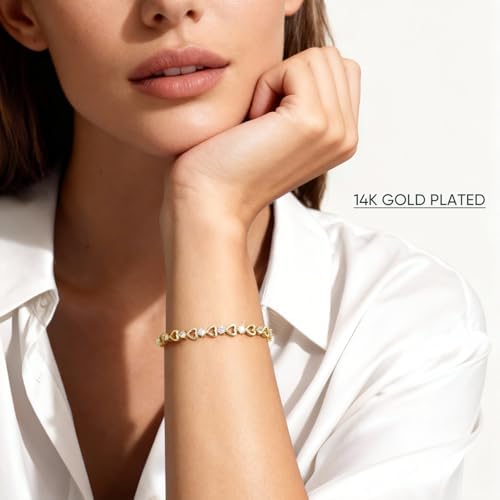 Tennis Bracelet for Women - 14K Gold Plated Heart Cubic Zirconia Bracelet, Dainty Trendy Anniversary Birthday Christmas Jewelry Gift for Her