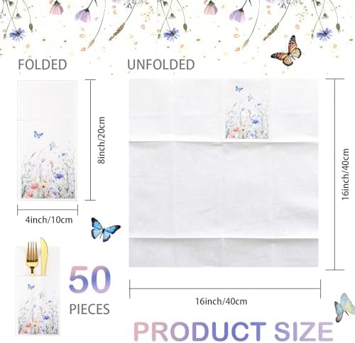 50 Pack Floral Napkins with Built-in Flatware Pocket, Guest Disposable Wild Flower Hand Towels Dinner Napkins for Wedding Birthday Party Baby Shower