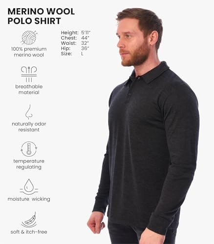 Merino Wool Polo Shirt Men - Anti-Odor 100% Merino Wool Shirts for Men Short Sleeve and Long Sleeve Breathable Polo