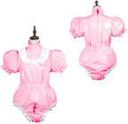 Bodysuit Shiny PVC Short Sleeve Maid Costume Vinyl Maid Dress Lockable Jumpsit Plus Size,Light Pink,M