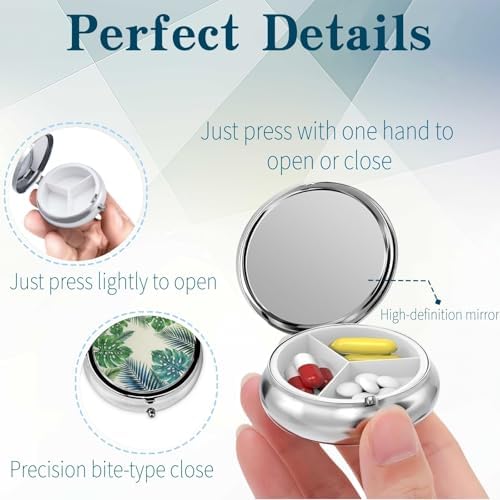 3 Compartment Travel Pill Case, Sealed Portable Pill Container Mini Size Metal Pill Box for Pocket Purse, Three Times a Day Pill Organizer for Children, Woman and Men - Palm Tree