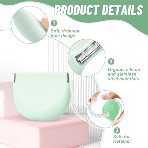 Silicone Retainer Denture Storage Case Holder, Portable Slim Dental Container Cleaning Box with Drain Holes and Leakproof for Aligners, Mouth Guards, Night Guards, Removable Dental Appliances (Green)