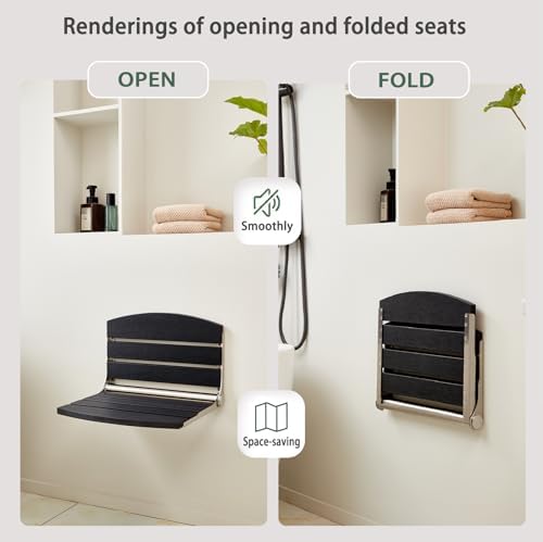 17.5" Wall Mounted Shower Seat, Fold Down Shower Seat Wall Mounted, HDPS Foldable Shower Seat, Folding Shower Seat Attached to Wall, for Inside Shower, Home Care(Black)