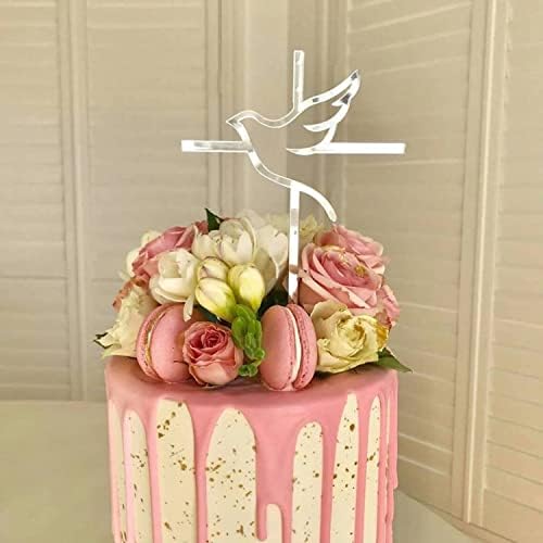 10pcs of Acrylic Religious Cake Topper - Dove and Cross,Holy Spirit Topper, Confirmation Topper (Silver Mirror)