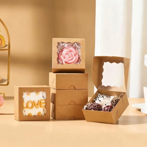 RomanticBaking 3 ¼" x 3 ¼" x 1 ½" 50PCS Chocolate Truffle Boxes for 4,Mini Bakery Boxes with Window for Brownie,Cookies, Soap, Donut,Macaron