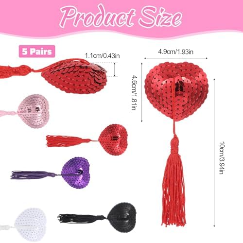 7 Pairs Women Reusable Breast Pasties Heart-Shaped Breast Bra with Sequins Tassel Adhesive Nipple Cover Stickers