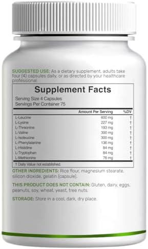 Essential Amino Acids (EAA) 2000mg Per Serving, 300 Capsules – Unflavored - 9 in 1, All BCAAs (Branched-Chain Aminos) – Lean Muscle Support & Natural Pre Workout Supplement