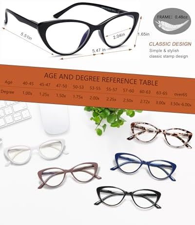 EYEURL Reading Glasses for Women 5 Pack Fashion Cat Eye Reading Glasses, Men Blue Light Blocking Readers with Spring Hinges Computer reading glasses.1.5