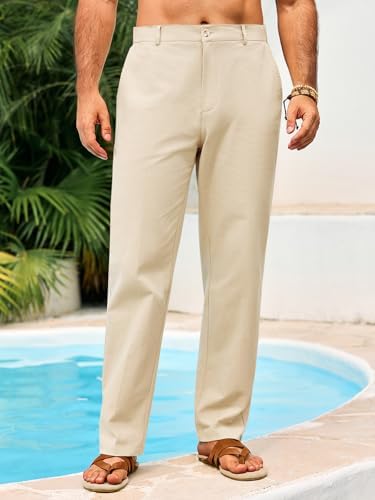 Runcati Mens Casual Pants Linen Elastic Waist Lightweight Straight Leg Pants Cotton Loose Fit Summer Beach Yoga Trousers