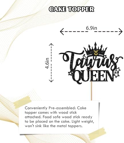 Taurus Queen Cake Topper, Black Glitter Taurus Birthday Cake Topper for Women, 12 Constellation Themed Cake Decor for Astrology Birthday Party Supplies