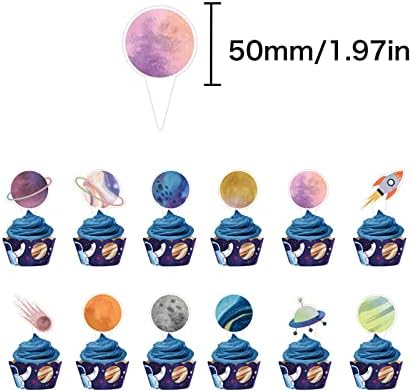 Cupcake Toppers 24PCS Cake Topper Outer Space Rocket Galaxy Universe Planets Cake Decorations Supplies Favors,Cake Picks For Kids Birthday Party Baby Shower