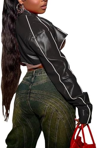 SEMATOMALA Women's Mock Neck PU Leather Crop Jacket Shrug Moto Biker Zip Up Faux Leather Slim Bolero Coat