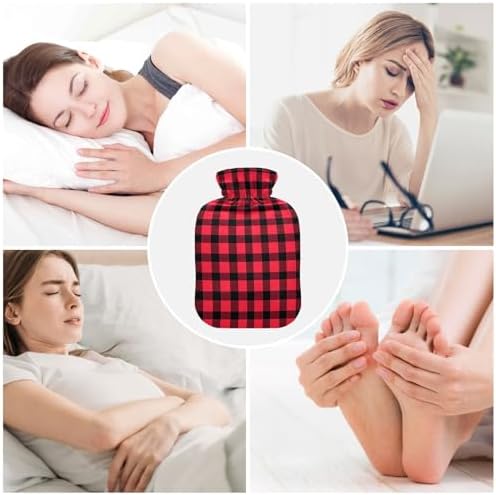 Red and Black Buffalo Plaid Hot Water Bottle with Cover, 2Liter Soft Velvet Winter Warm Water Bag for Neck and Shoulder Pain Relief Period Cramps Bed Hand Feet Warmer