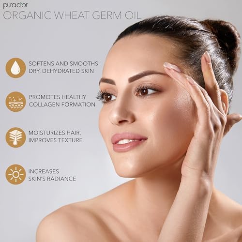 PURA D'OR 16 Oz ORGANIC Wheat Germ Oil - 100% Pure & Natural USDA Certified Cold Pressed Carrier Oil - Vitamin E Rich, Moisturizing & Nourishing Anti-Aging Properties - Healthy Hair Growth & Skincare