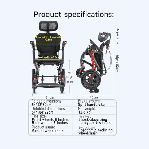 Transport Wheelchair Lightweight Foldable with Ergonomic Seat,Reclining Wheelchairs for Adults with Adjustable Headrest,Support 264LB Portable Compact Folding Travel Wheelchair,Only 28LB