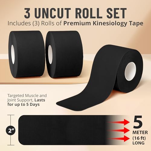 Kinesiology Tape Rolls - Pack of 3 (2 Inch x 16 Ft / 5cm x 5m) - Latex-Free, Breathable Cotton - Strong Adhesive for Muscle & Joint Support - Water-Resistant & Sweatproof for Sports & Recovery, Black