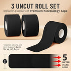 Kinesiology Tape Rolls - Pack of 3 (2 Inch x 16 Ft / 5cm x 5m) - Latex-Free, Breathable Cotton - Strong Adhesive for Muscle & Joint Support - Water-Resistant & Sweatproof for Sports & Recovery, Black