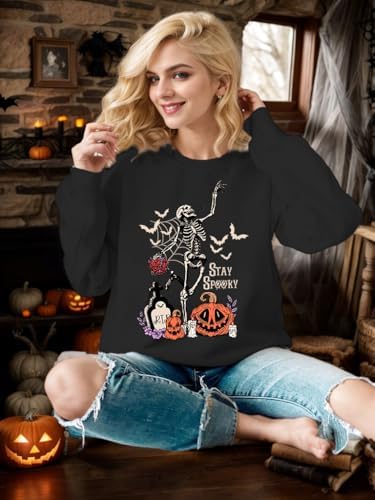 Halloween Sweatshirt for Women Oversized Dancing Skeleton Shirt Spooky Skull Graphic Pullover Pumpkin Gift Top