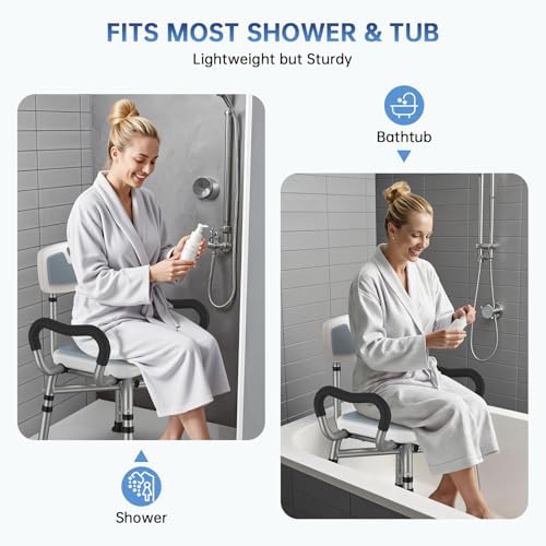 Adjustable Shower Chair with Arms & Back, Stable Heavy Duty 550lbs Safety Bathtub Seat with Non-Slip Feet, Rust-Resistant Aluminum Frame & Tool-Free Assembly for Elderly & Disabled