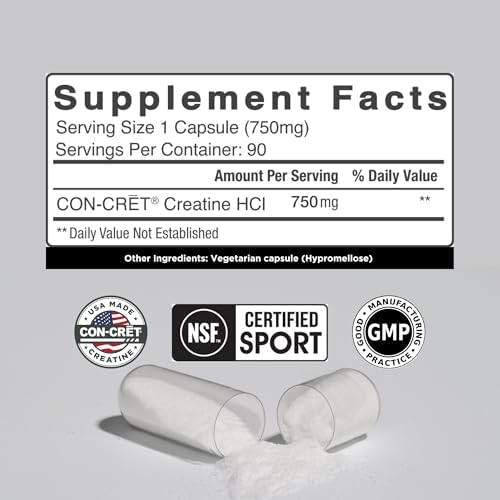 CON-CRET Creatine HCl Capsules | Muscle, Cognitive, Cellular Energy Support | No Bloating or Cramps | USA Made & NSF Certified | Creatine Pills (90 ct)