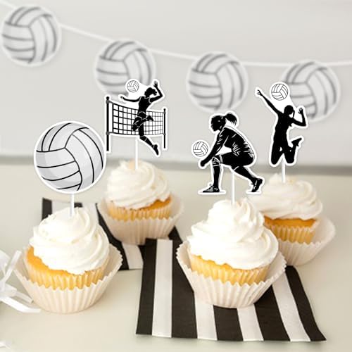 Kreatwow 36pcs Volleyball Cupcake Topper Black White Volleyball Birthday Party Decoration Volleyballs Birthday Cake Decor Sports Game Player Birthday Party Decor for Girls