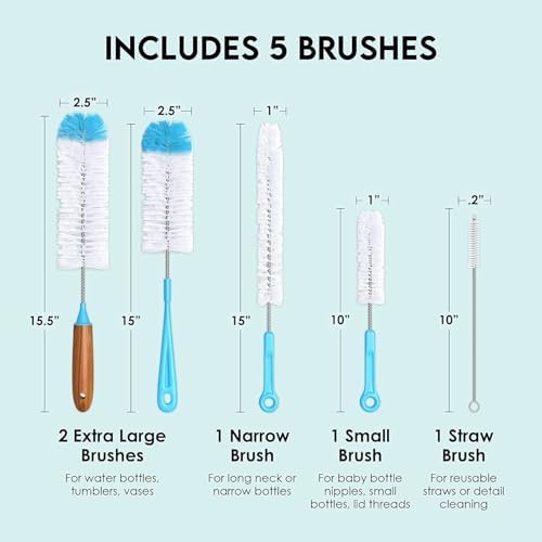 Turbo Microfiber Bottle Brush Cleaner Pack - Set of 5 Bottle Brushes for Cleaning Baby Bottles, Water Bottles, Tumblers, Wine Decanters, Flask, Bong, Vase Cleaner - One Straw Cleaner Brush