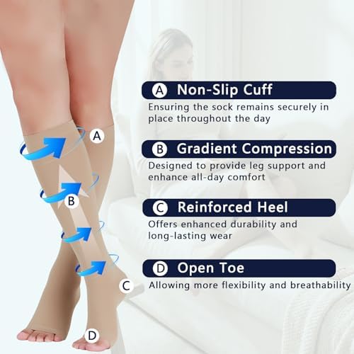 LIN PERFORMANCE 20-30 mmHg Compression Socks for Women Men Knee High Open Toe Leg Support Stockings for Daily Comfort Travel (Nude,M)