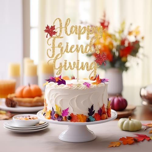 Happy Friendsgiving Cake Topper, Fall Theme Thanksgiving Cake Decor, Maple Leaves Friendsgiving Party Decoration, Give Thanks, Happy Thanksgiving Party Decoration Gold & Red Glitter