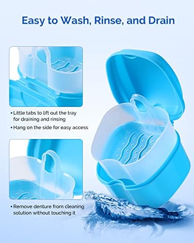 JMU 2 PCS Denture Bath Case with Strainer Basket Soaking Cup & Mouthguard Storage Container (Light Blue, Purple)