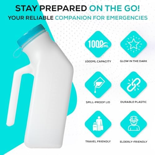 MedVance 1000ml Premium Portable Urinal for Men, Spill Proof Mens Urinal Bottle for Seniors, Urine Bottles for Men, Travel & Car Urinals, Bedside & Nighttime Use, Truck Driver Essentials, (2 Pack)