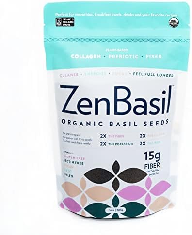 Zen Basil Seeds | edible basil seeds, kosher, non-gmo, lectin free, gluten free, plant based, keto, paleo, vegan | 15g fiber per/serv | 14oz | more fiber than chia seeds | prebiotic