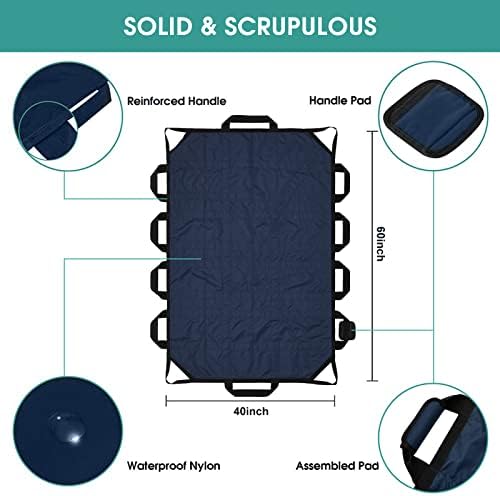 60" x 40" Positioning Bed Pad with Handles Washable Draw Sheets for Hospital Bed Ridden Patient Clothes Waterproof Glide Sheets for Patients Moving Pad for Lifting &Transfer Sheet Nylon, Blue