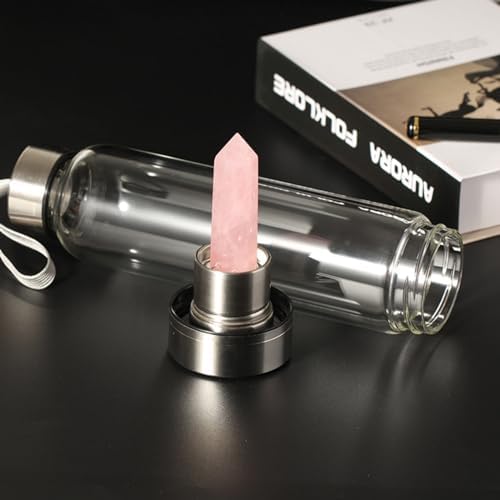Natural Pink Crystal Glass Water Bottle, Gemstone Center Infused Rose Quartz Sports Cup Obelisk Wand Energy Cup for Healing Wellness