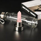 Natural Pink Crystal Glass Water Bottle, Gemstone Center Infused Rose Quartz Sports Cup Obelisk Wand Energy Cup for Healing Wellness