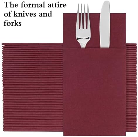 Burgundy Disposable Napkins with Built-in Flatware Pocket, Linen Feel Prefolded Dinner Napkins for Evening Parties, Weddings, Christmas, Cloth Like Paper Napkins, 100Pack