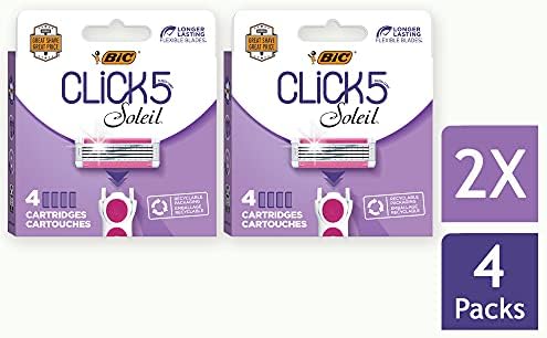 BIC Click 5 Soleil Women's Razor Refills with 5 Flexible Blades and Recyclable Box, Pink, 8 Count