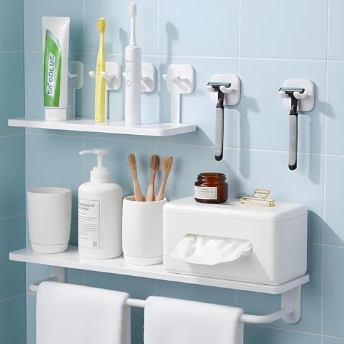 Razor Holder, Shaver Hook Hanger Stand 2 Pack, Waterproof Utility Storage Hooks, Wall Mounted Self-Adhesive Double Hooks for Razor, Loofah, Towel, Shaver, Coat, Key,Easy to Install - White
