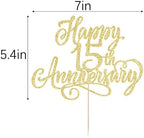 golden Glitter Happy 15th Anniversary Cake Topper - for Wedding Anniversary/Company Anniversary Party / 15th Birthday Party Decorations