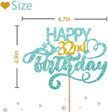 Sky Blue Glitter Happy 32nd Birthday Cake Topper, Thirty Two Years Old Birthday Party Cake Decor, Gold Number 32 Birthday Party Supplies Decorations for Men or Women