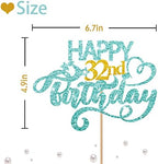 Sky Blue Glitter Happy 32nd Birthday Cake Topper, Thirty Two Years Old Birthday Party Cake Decor, Gold Number 32 Birthday Party Supplies Decorations for Men or Women