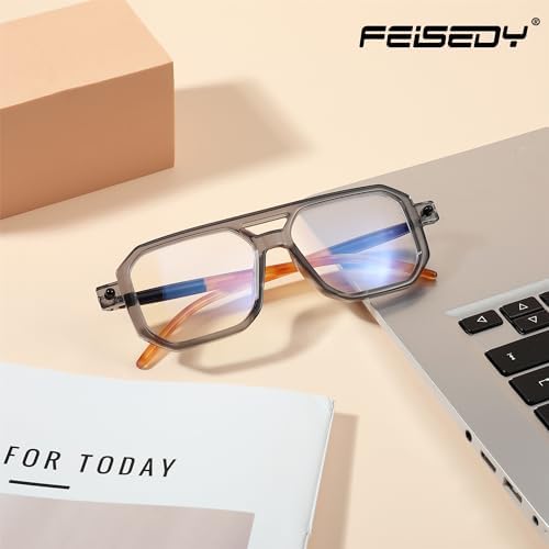 FEISEDY Reading Glasses Vintage Square Blue Light Blocking Glasses Women Men 70s Flat Aviator Glasses B0090