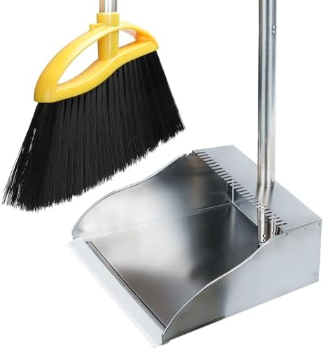 Broom and Stainless Steel Dustpan Set for Home,Metal Dust Pan and Soft Bristles Indoor Kitchen Broom for Office,Lobby