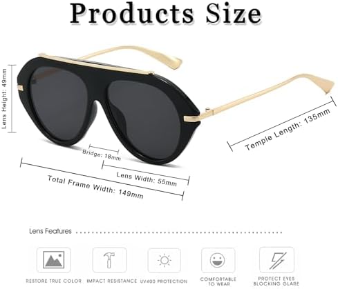 Long Keeper Oversized Pilot Sunglasses - Women Men Retro 70s Gold Square Sunglasses Trendy Flat Top Glasses Sunnies UV400