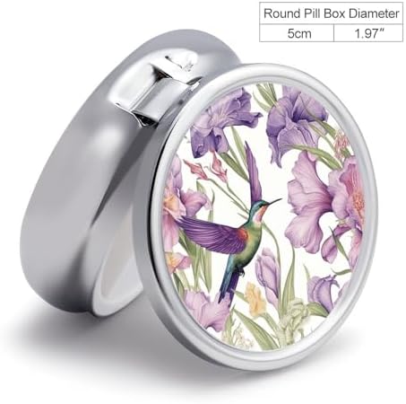 Hummingbirds Irises Flowers Round Pill Box 3 Compartment Pill Box for Pocket Purse Portable Travel Medicine Tablet Vitamin Holder Organizer Mini Decorative Pill Case